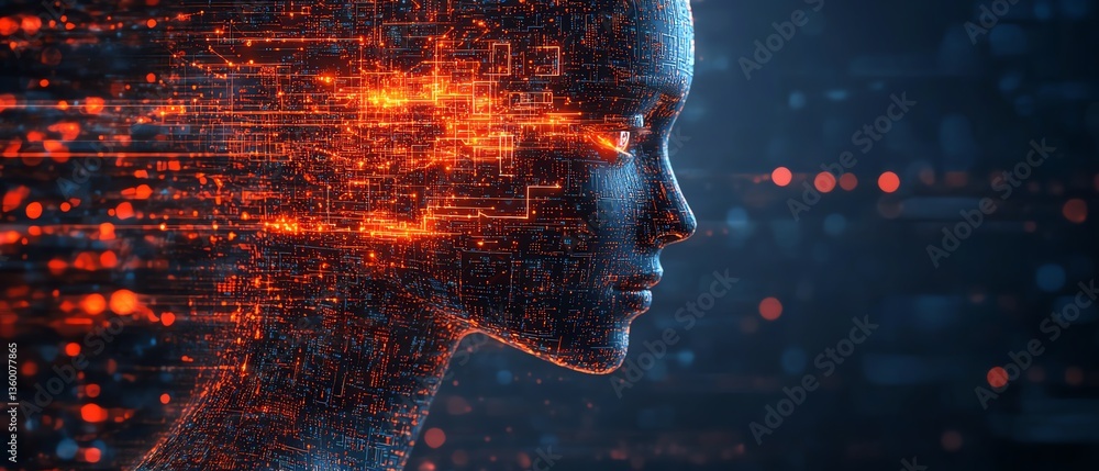 Poster artificial intelligence conceptual illustration with futuristic humanoid robot, glowing neural netwo