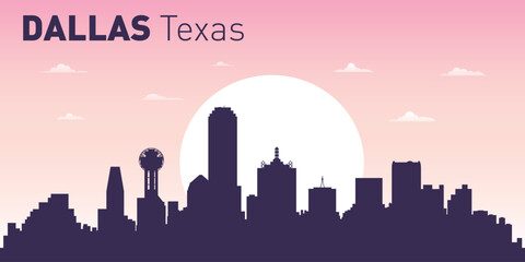 Fototapeta premium silhouette of the city skyline of Dallas, Texas, USA, against the background of a large sun, with a pale pink and blue sky