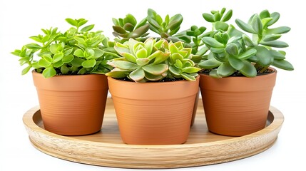 Obraz premium Four Succulents in Terracotta Pots on a Wooden Tray Against White Background