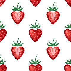 Cute seamless pattern with strawberry hearts on a white background for Valentines Day. Bright ripe red heart shaped strawberries background. Vector pattern for a wrapping paper, textiles, wallpapers