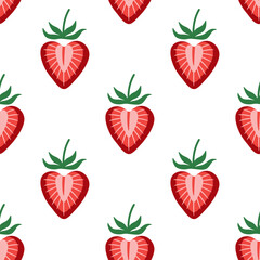 Valentines Day seamless pattern with strawberry hearts on a white background. Bright red heart shaped strawberry halves background. Cute vector pattern for a wrapping paper, textile print, wallpaper