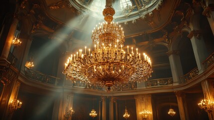 Obraz premium A digital depiction of a big chandelier hanging from the inside of a castle in an opulent chamber. Generative Ai