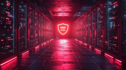 A server room with neon-lit servers and a holographic shield overlay, emphasizing secure internet infrastructure