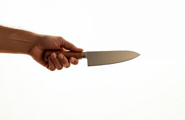 Hand holding sharp kitchen knife with wooden handle. Blade made from steel. Isolated white background. Food preparation, cooking, culinary, restaurant, butcher shop concepts.