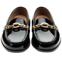 Luxe Black Leather Loafers with Shiny Finish and Gold Chain Isolated on Transparent Background