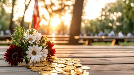 Golden Coins and Flowers on Wooden Table at Sunset