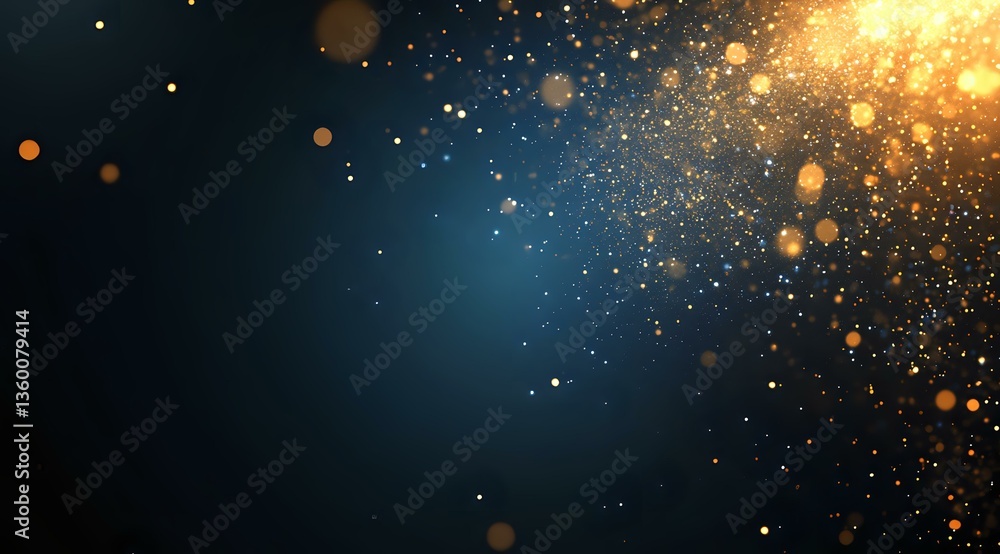 Poster magical golden sparkles and light particles floating on dark blue background with glowing bokeh effe