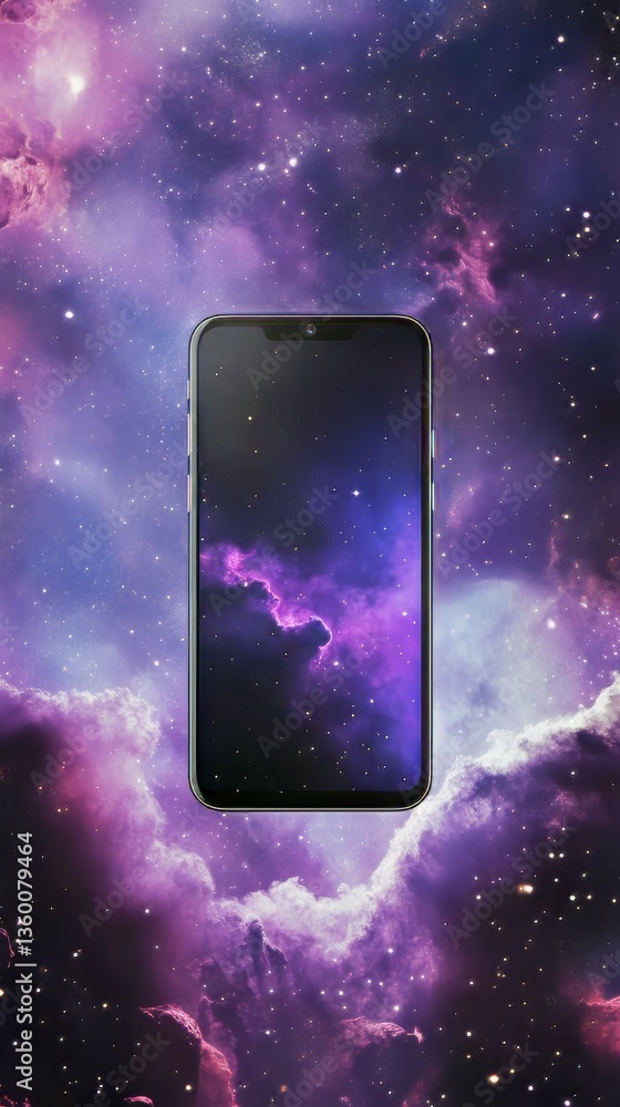 Poster smartphone displaying a captivating space nebula image, blending technology with cosmic art.