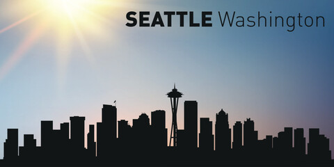 Fototapeta premium Cityscape, silhouette of the city of Seattle, Washington on the background of the sunset. 