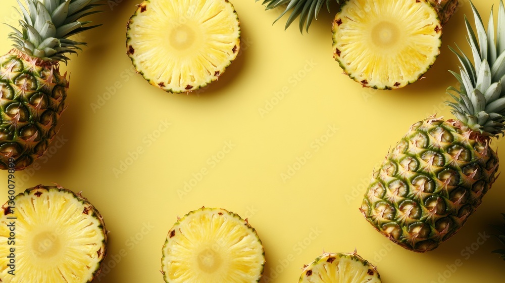 Aufkleber two whole fresh pines and several pine slices on a vibrant yellow background create a beautiful fram