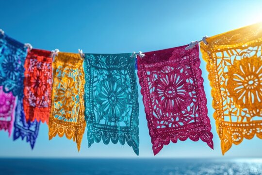 A celebratory feeling is created by the colorful papel picador banners that hang on a solid light background. Generative Ai