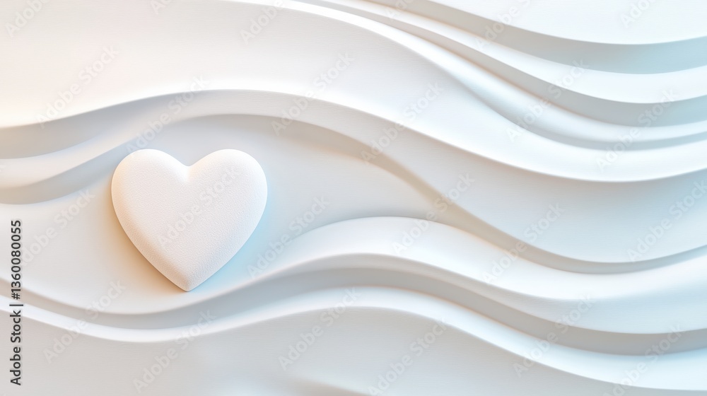 Poster A minimalist image featuring a textured white background with flowing waves and a heart shape, symbolizing love and tranquility.