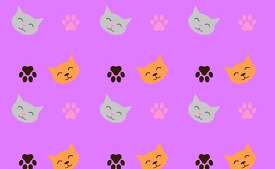 Cats and paws pattern. Purple wallpaper with cats.