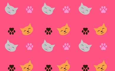 Cats and paws pattern. Pink wallpaper with cats.