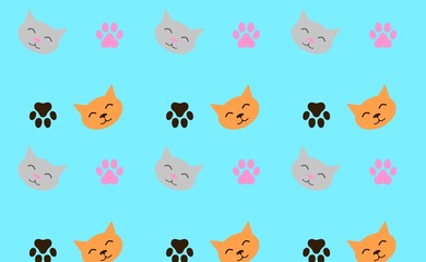 Cats and paws pattern. Blue wallpaper with cats.