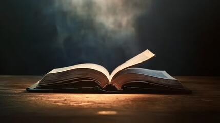 Mystical Open Book Radiating Golden Light in Darkness, Floating Pages Casting Dynamic Shadows on Minimalist Table. Blurred Environment Symbolizing Deep Learning Process and Creative Thinking for Educa