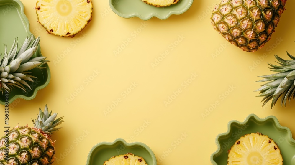 Aufkleber flat lay composition of whole and sliced pines on pastel yellow background with sage green dishes fr