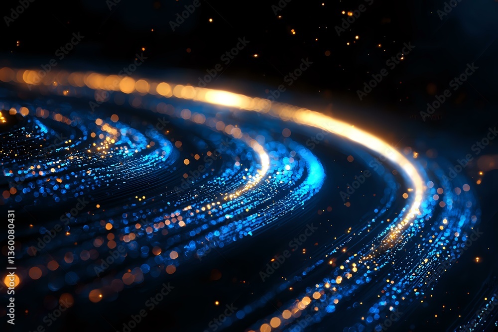 Poster abstract glowing blue and gold light trails creating spiral pattern against dark background with bok