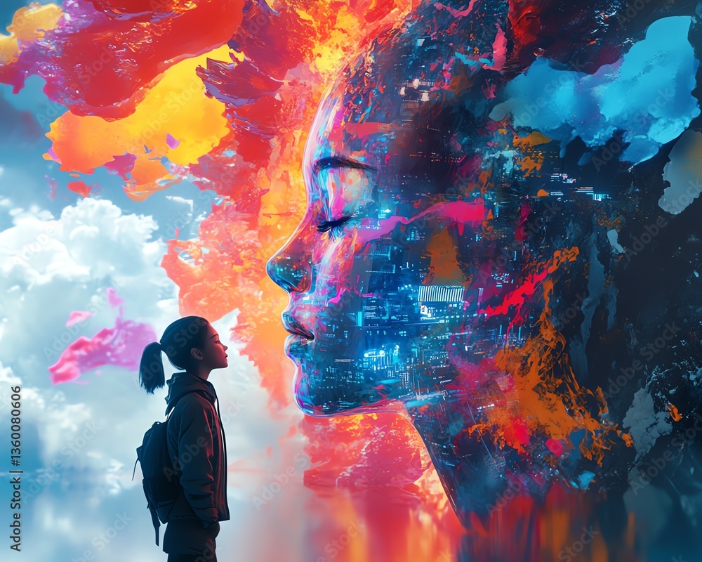 Poster dynamic 3d collage of a person with a creative mind interfacing with ai machine tools