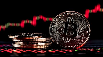 Silver bitcoin coin against red candlestick chart background showing market volatility and cryptocurrency trading concept with stacked coins.