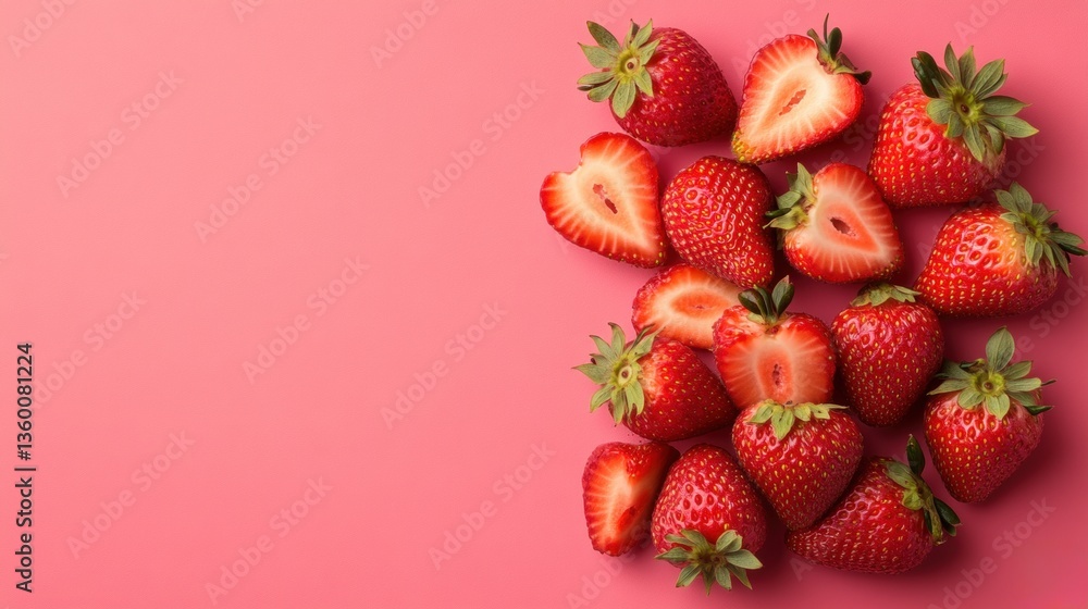 Poster a vibrant cluster of whole and halved fresh strawberries beautifully arranged on a soft pink backgro