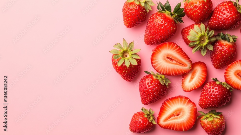Aufkleber a beautiful arrangement of whole and halved fresh strawberries on a pink background with ample space