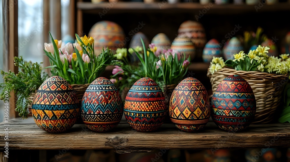 Poster decorative easter eggs with traditional ukrainian pysanka patterns displayed in a row with spring fl