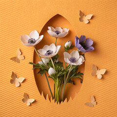 Flat lay photo, top view of a blue and white Anemona flowers emerges from a cut out outline of an egg on a light orange background with small butterflies. Easter concept design.