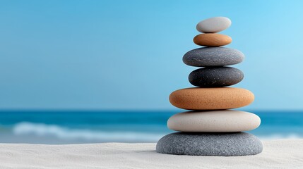 Fototapeta premium Balanced Stack of Colorful Stones on Sandy Beach near Ocean