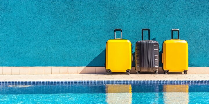 luggage suitcases beside resort swimming pool for tourism and getaway concepts as wide banner with copyspace area. Generative AI