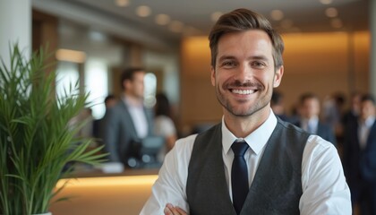 Smiling hotel concierge welcomes guests. Attractive man, wearing formal attire, stands in lobby. Hotel employee provides customer service. Hospitality industry. Portrait of friendly hotel worker,