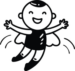 A simple black and white cartoon of a kid jumping.