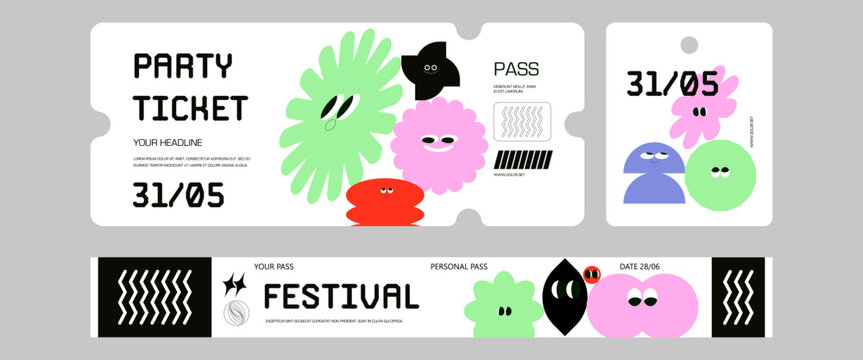 Сontrol ticket bracelets for events, disco, festival, fan zone, party, staff. Vector mockup of a festival bracelet in a comic style.	
