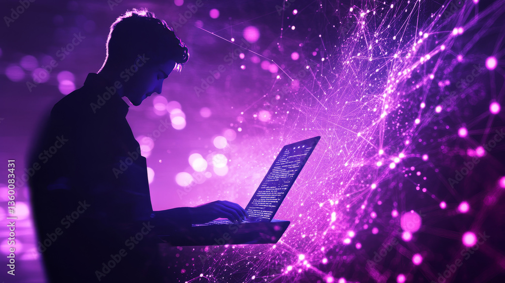 Poster a futuristic illustration of a man navigating a luminous purple network while coding on a laptop, re