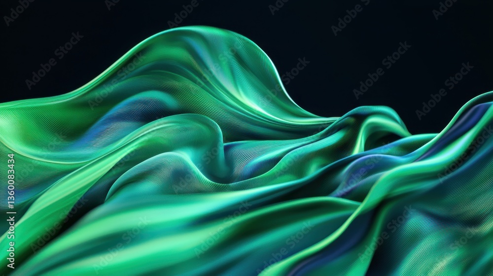 Poster elegant green and blue waves flowing smoothly across a dark background, creating a sense of fluid mo