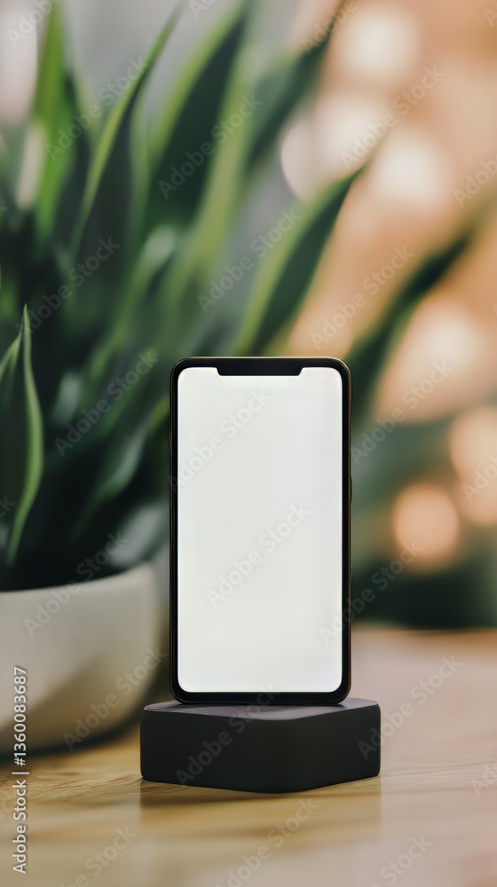 Aufkleber modern cellphone with blank white screen for mockups. elegant display device on a minimalist stand.