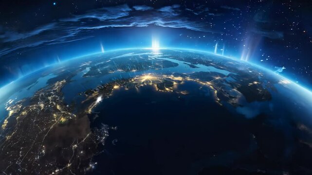 Abstract Tech Earth Globalization in 3d Motion Graphic. Networking on Fiber Optic. Communications Signal on Worldwide. Global Business Dots on Rotating Blue Planet