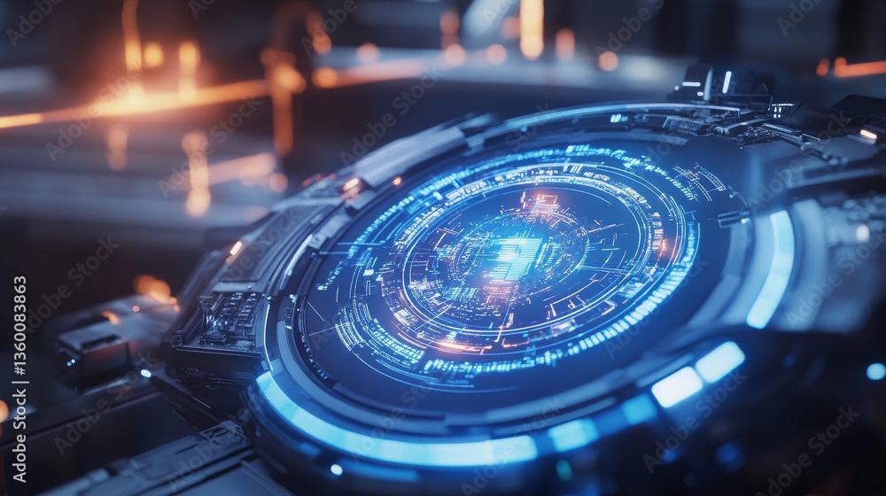 Poster a futuristic sci-fi hud interface with a glowing blue circular display, symbolizing high-tech advanc