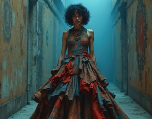 Fototapeta premium Avant-garde fashion model wears artistic haute couture dress on runway. Woman in extravagant outfit poses, designer clothing. Creative, modern design with bold statement, unique look. Editorial
