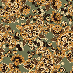 Colorful Paisley wallpaper. Vector Indonesian batik. Bright classic indian fabric. Paisley wallpaper. Ethnic background with paisley and stylized flowers. For textile, cover, wrapping paper, fabric