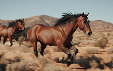 Obraz premium Two brown horses run through a desert landscape under a bright sky. Dust rises around their hooves as they gallop across the arid terrain