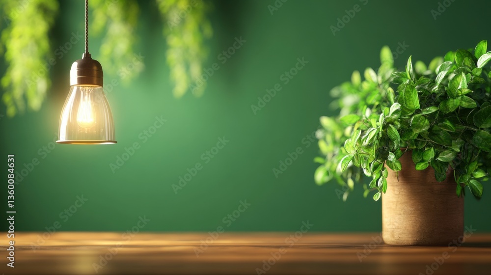 Poster a stylish pendant light illuminating a potted plant on a rustic wooden table with trailing greenery 