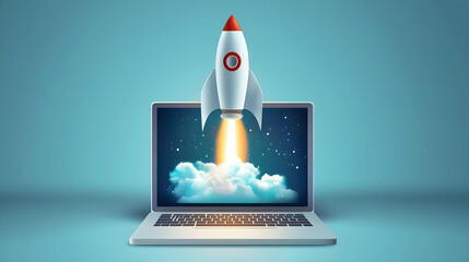 Concept of Innovation with a Laptop Rocket Launch: Representation of Digital Innovation and Growth.