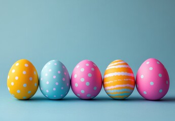 Fototapeta premium Colorful Easter Eggs with Polka Dots Arranged in a Row on a Soft Blue Background for Spring Celebration and Festive Decor Ideas