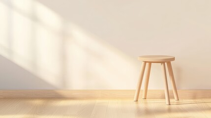 A simple wooden stool sits against a light-colored wall, illuminated by gentle sunlight casting shadows on the floor, Sustainable Living, Sustainable Living.
