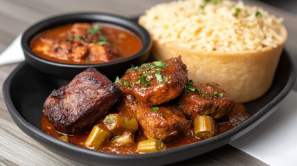 Ghanaian banku served with spicy okra soup and fresh herbs on vibrant patterned plate