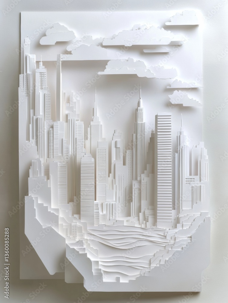 Poster stunning city skyline crafted from layered cut paper showcasing soft lighting and modern architectur