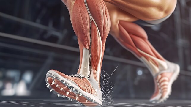 Biomechanical breakdown of shin splints showing stress distribution across the tibia and surrounding muscles during repetitive athletic activity