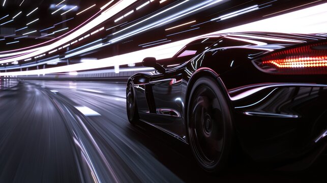 Sports car driving at high speed with shiny lights trails in the background. AI generated image