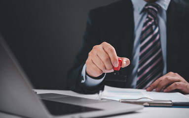A businessman stamping a document for approval, showcasing the professional process of business...